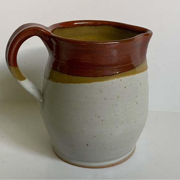 Vintage Brown and Tan Stoneware Crock Farmhouse Creamer Signed 6” Syrup Pitcher - Picture 5 of 16